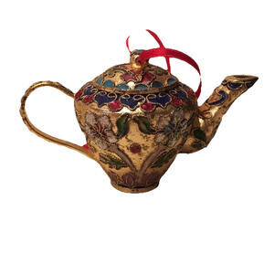 🐇Gold Tone Cloisonné Style Teapot Hanging Ornament